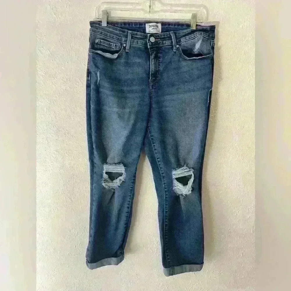 Denizen From Levis Womens Boyfriend Jeans Blue Stretch Distressed Mid Rise 32